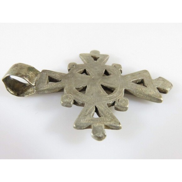 1 7/8" High Celtic Style Coptic Ethiopia Silver Cross With Chamfered Decoration - Picture 3 of 12